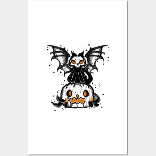 Halloween pumpkin and spooky cat vampire 2022 decoration ink drawing Posters and Art